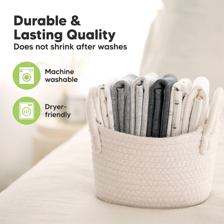 Woven basket with folded cloths on a light surface, featuring text about durability and washing properties.