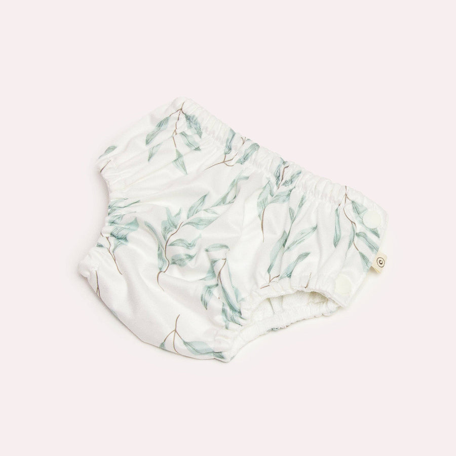 Baby swim diaper with leaf pattern on a white background