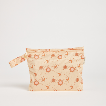 Fabric pouch with celestial pattern on a light beige background