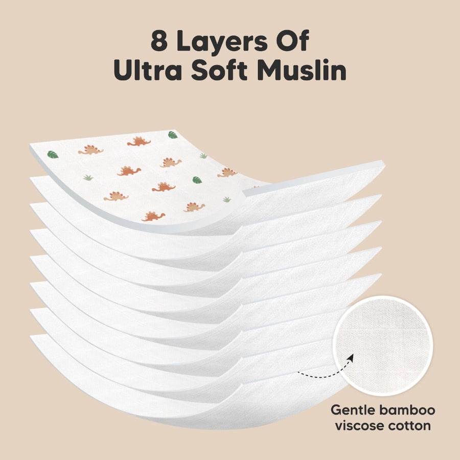 Stack of ultra soft muslin cloths with text indicating 8 layers and material details on a beige background.