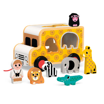 Toy bus with animal figures on a white background
