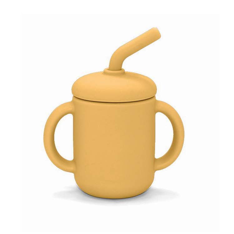 Yellow sippy cup with a lid and straw on a white background
