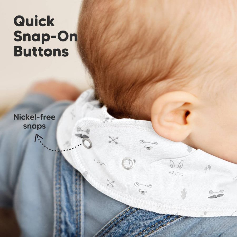 Baby wearing a white bib with quick snap-on buttons and nickel-free snaps text.