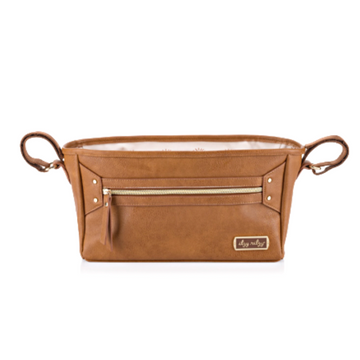 Brown leather bag with handles and a zipper on a white background