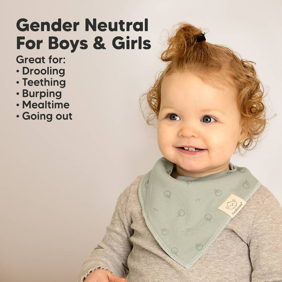 Child wearing a green bib with text about its uses on a plain background