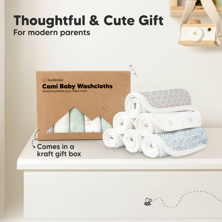 Cami Baby Washcloths with packaging on a white surface, labeled as a thoughtful gift for modern parents.