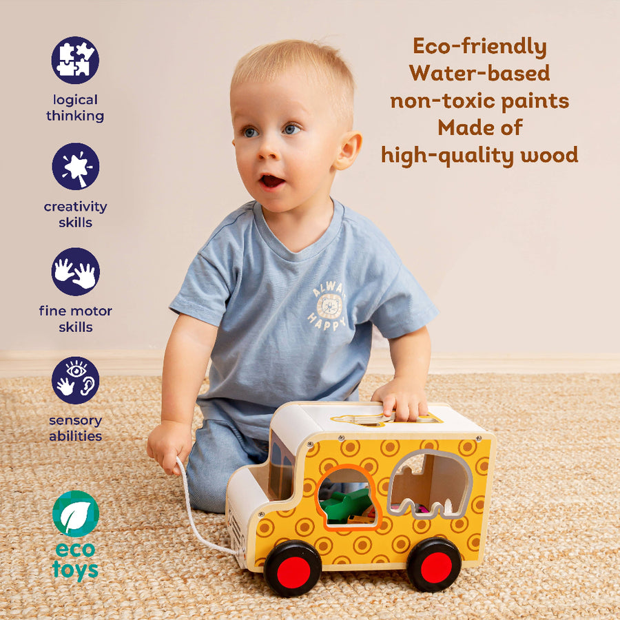 Child playing with a wooden toy truck on a carpeted floor, with text about eco-friendly materials and benefits.