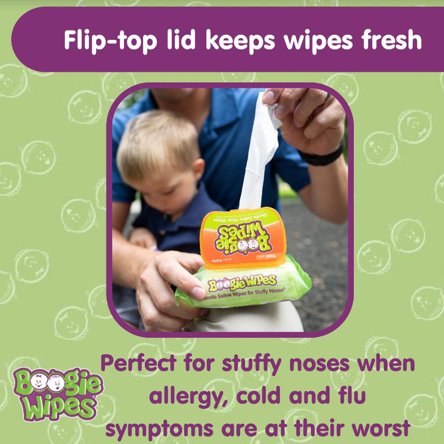 Boogie Wipes packaging with a flip-top lid feature on a green background