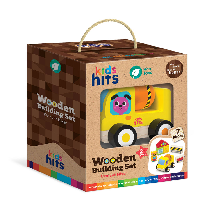 Boxed wooden building set with cement mixer toy, brand 'kids hits' visible
