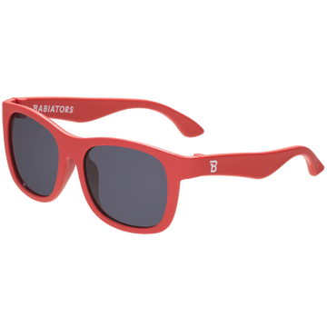 Red sunglasses with a brand logo on a white background