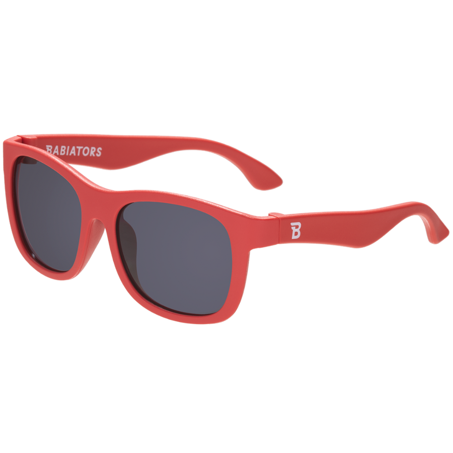 Red sunglasses with a brand logo on a white background