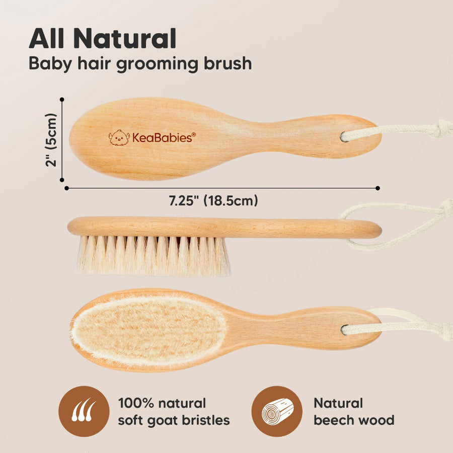 Three wooden baby hair grooming brushes with measurements and brand name on a beige background