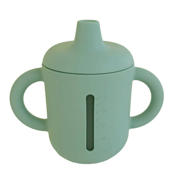Light green sippy cup with handles on a white background