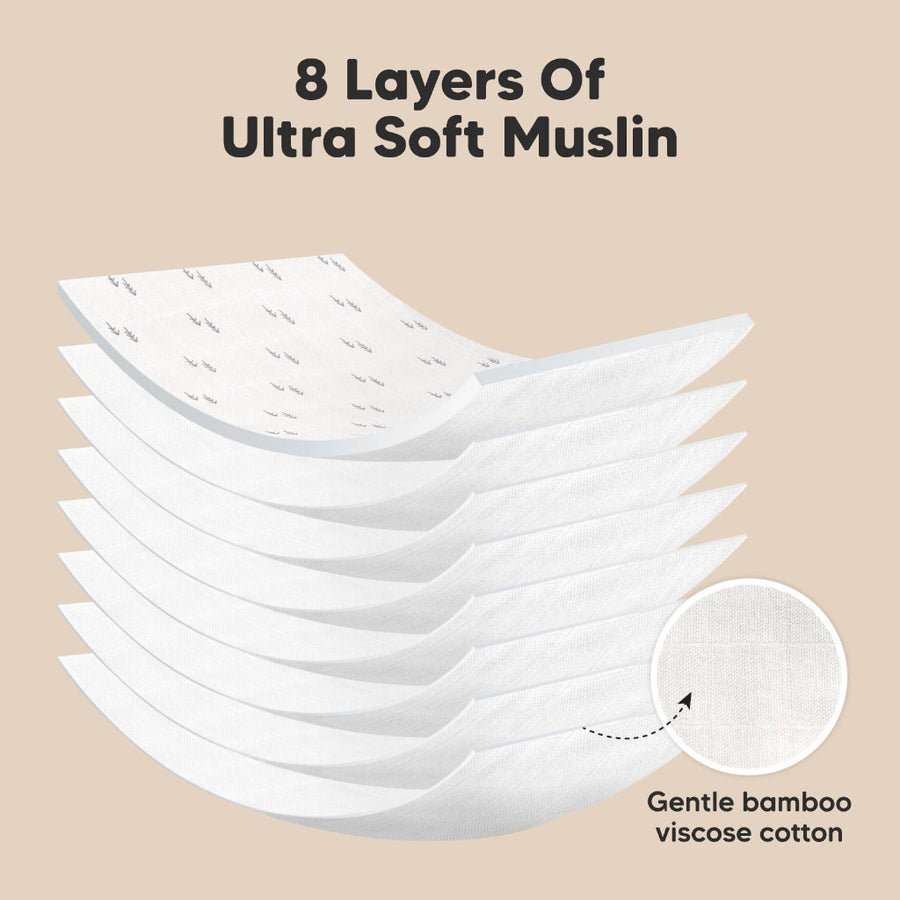 Stack of ultra soft muslin cloths with text indicating 8 layers and material details on a beige background.