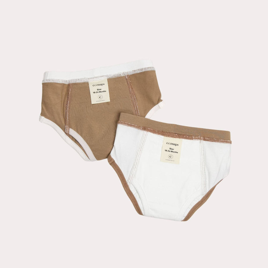 Two pairs of underwear with brown waistbands on a light gray background
