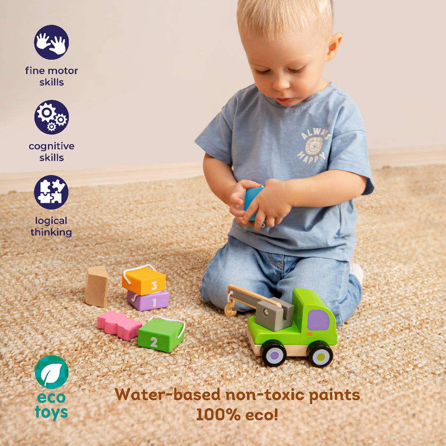 Child playing with wooden toys on a carpeted floor, with text highlighting skills and eco-friendly paint.