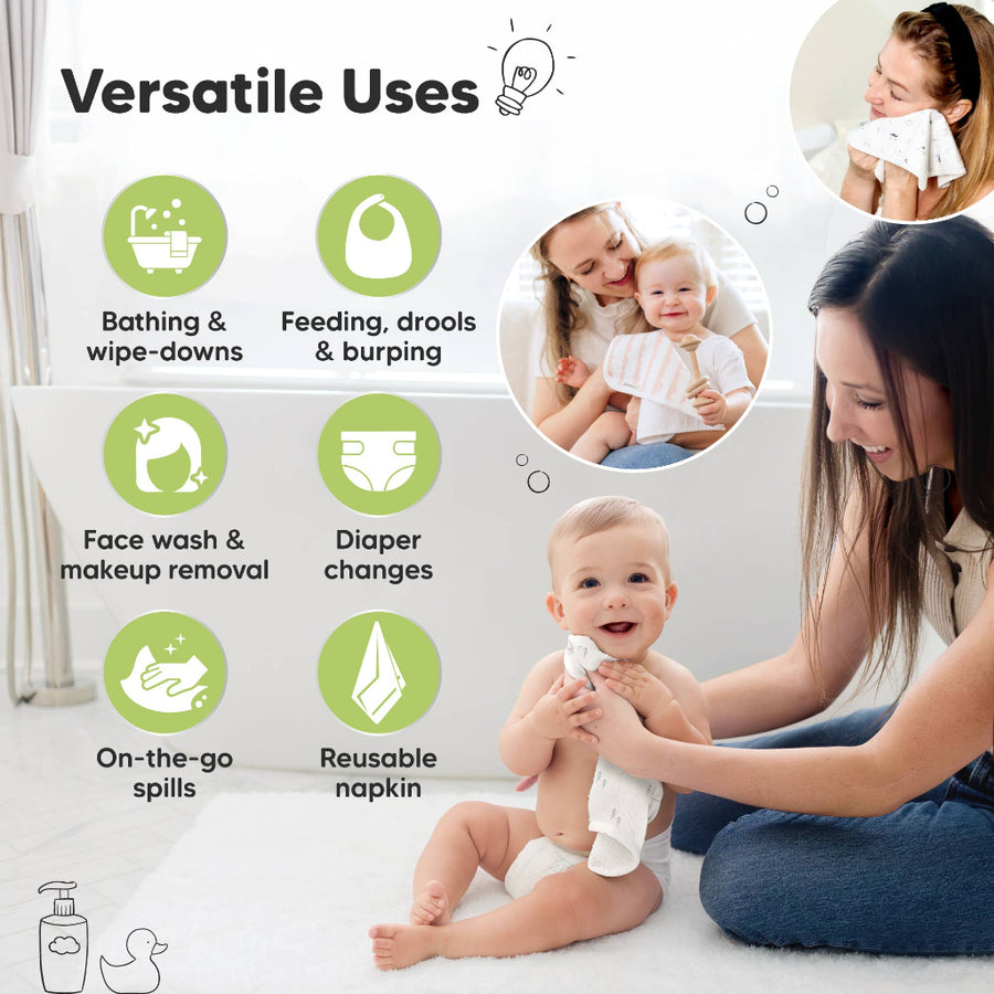 Product advertisement showing a baby and a woman with text 'Versatile Uses' and icons indicating various uses.