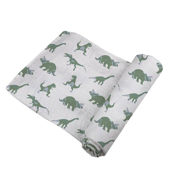 Cotton Muslin Swaddle - Granite Green Dinosaurs