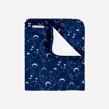 Folded blue mat with celestial pattern on a white background