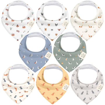 Set of eight baby bibs with various animal patterns on a white background