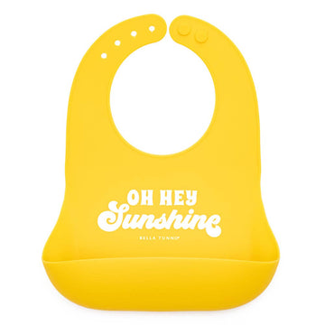 Yellow bib with 'OH HEY Sunshine' text on a white background