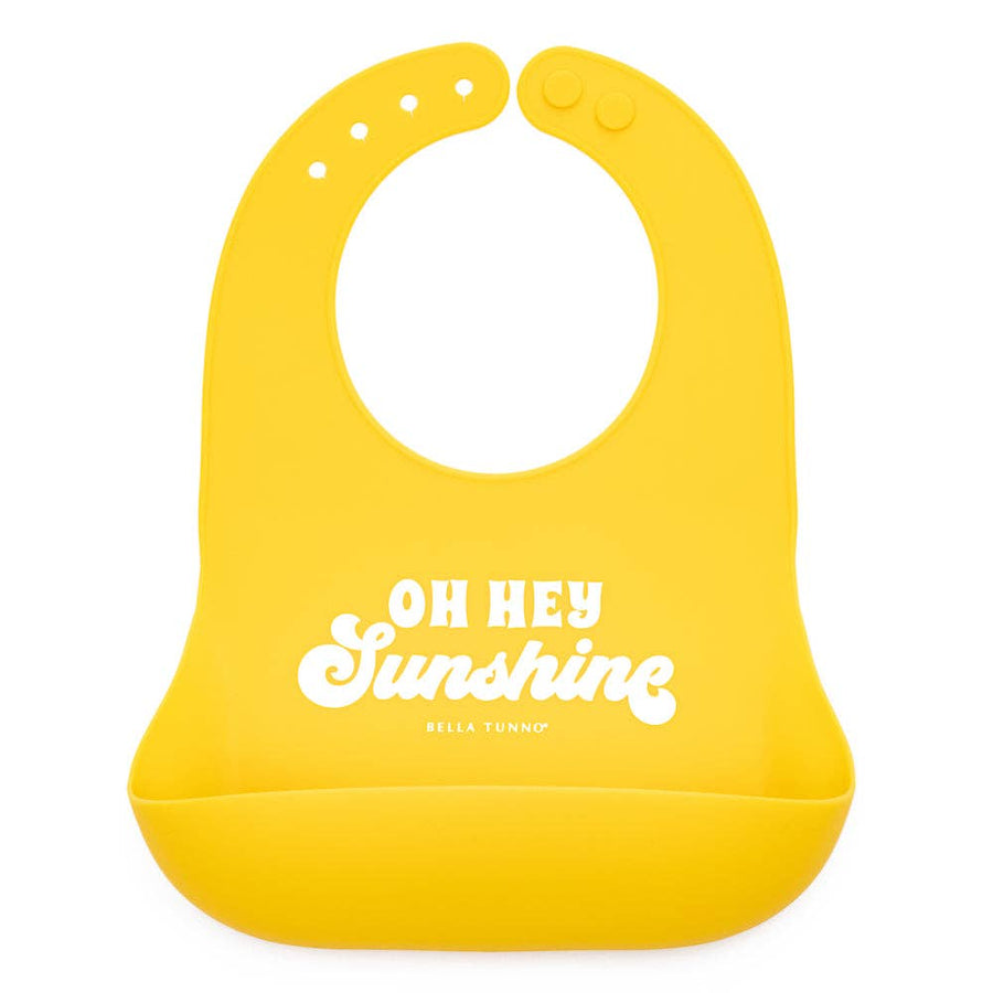 Yellow bib with 'OH HEY Sunshine' text on a white background