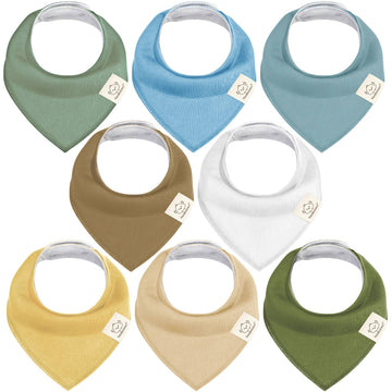 Set of 8 colorful baby bibs on a white background
