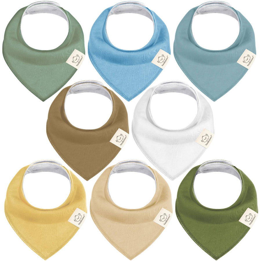 Set of 8 colorful baby bibs on a white background