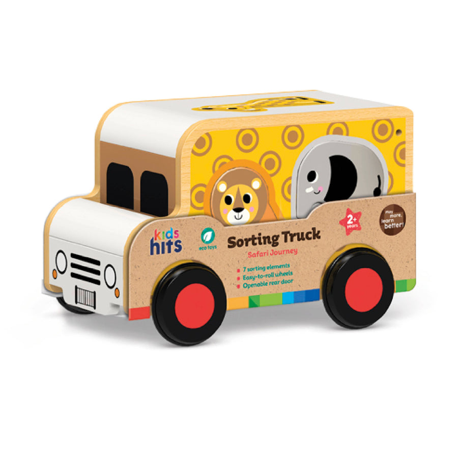 Sorting truck toy with animal faces on a white background