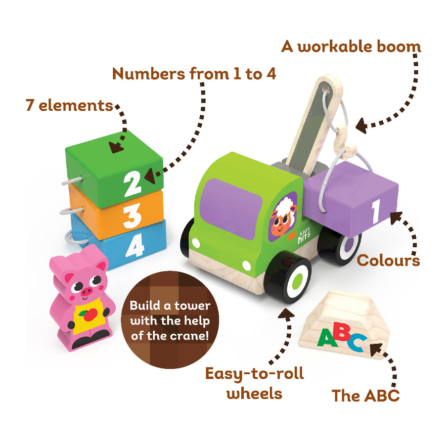Wooden toy truck with educational elements on a white background