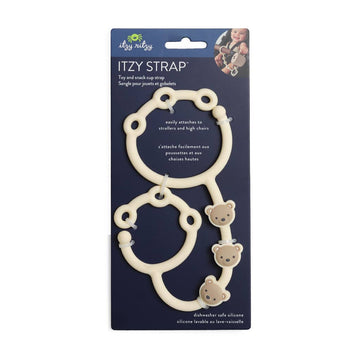 Itzy Straps toy and snack cup strap packaging with teddy bear designs on a white background