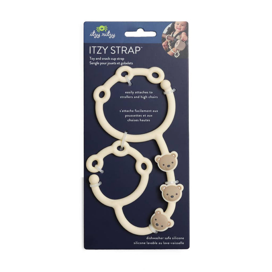 Itzy Straps toy and snack cup strap packaging with teddy bear designs on a white background