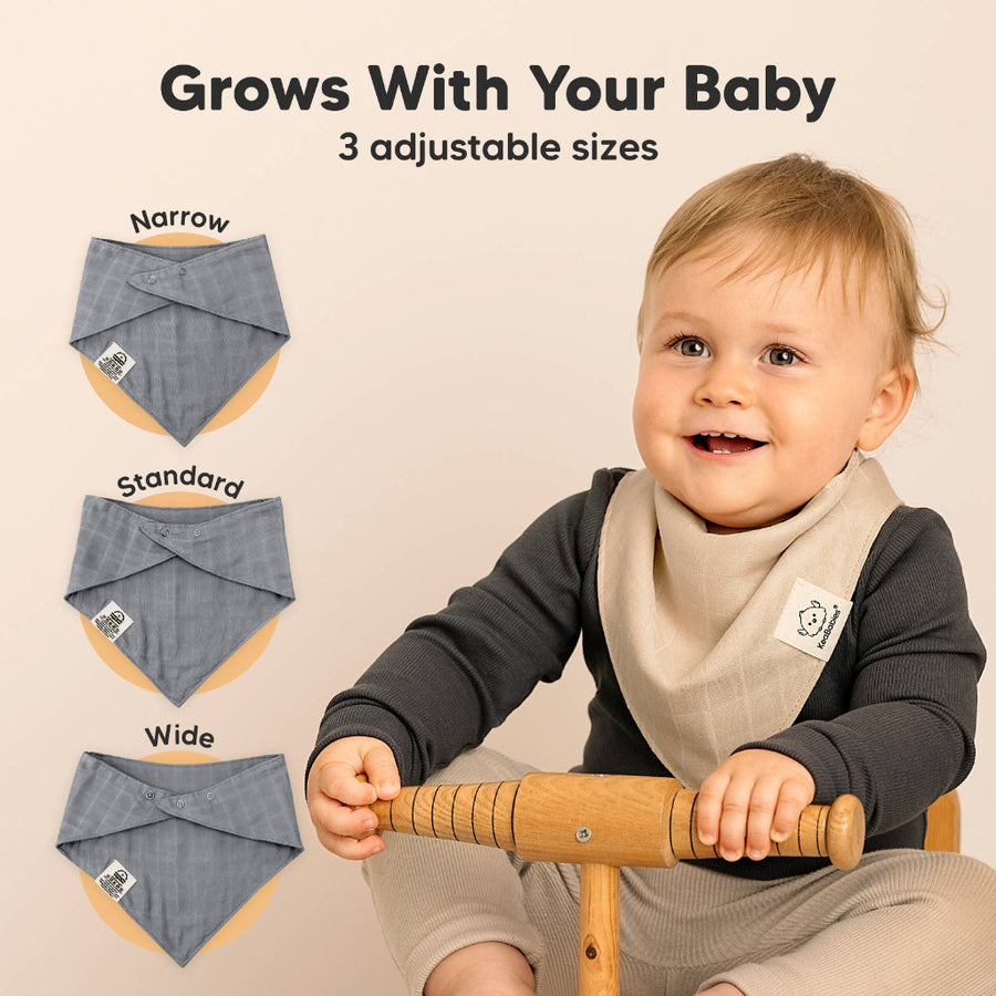 Child wearing a beige bib with adjustable size options shown next to them on a beige background.