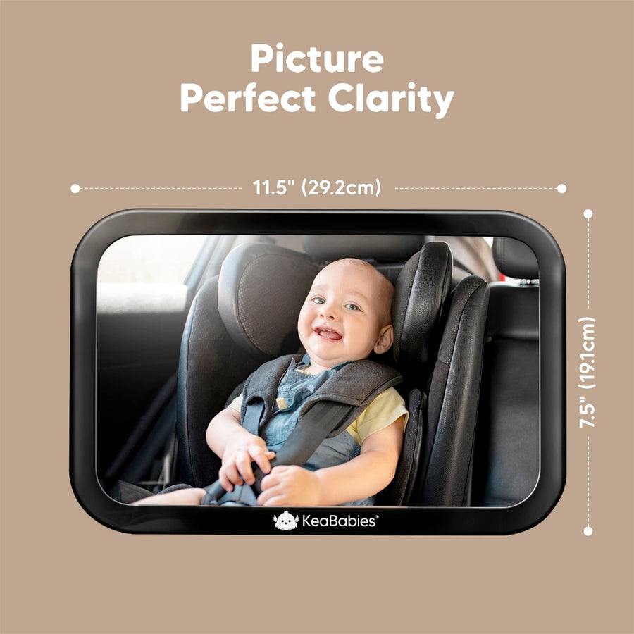 Baby backseat mirror with dimensions and KeaBabies branding on a beige background