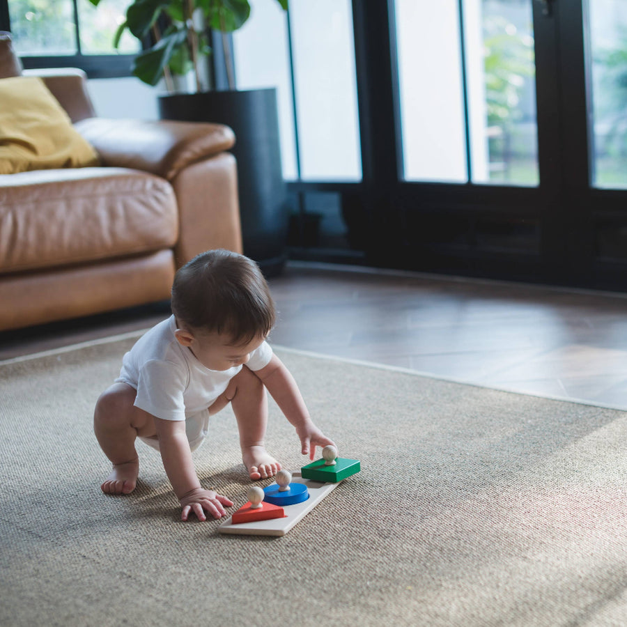Baby playing with toys on a rug in a living room
