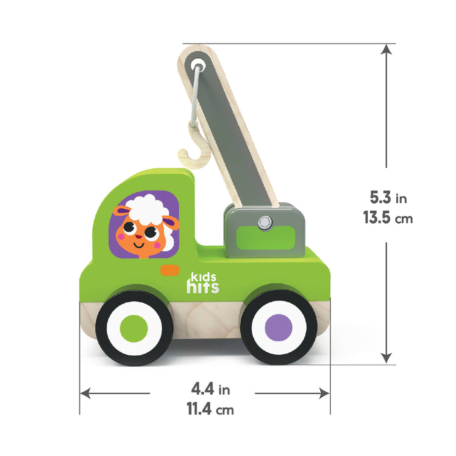 Green toy truck with a sheep design and dimensions on a white background