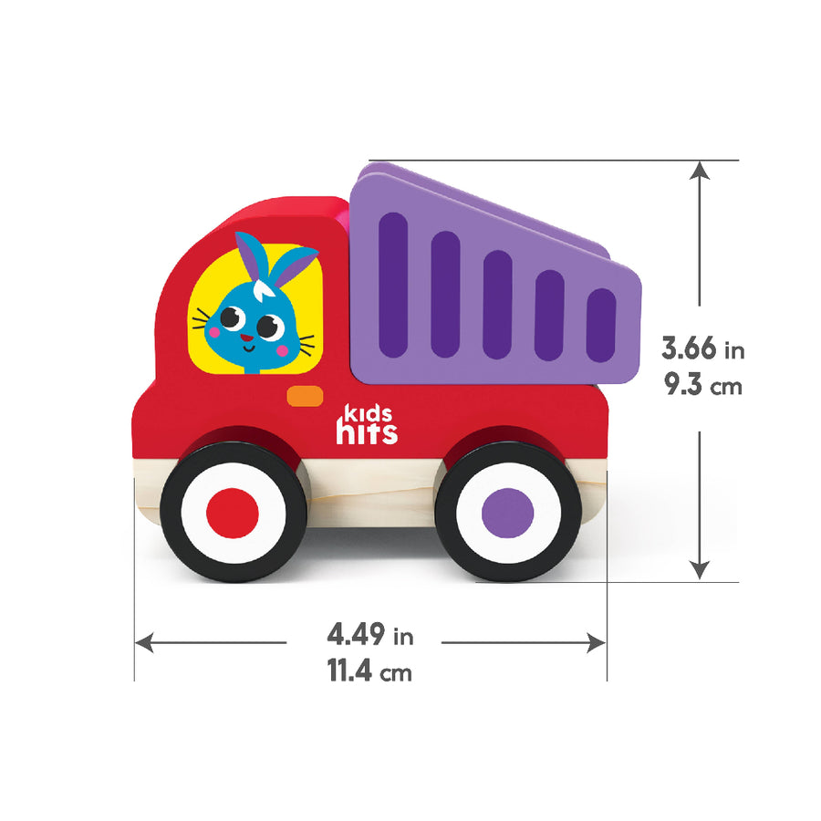 Wooden toy truck with dimensions labeled on a white background