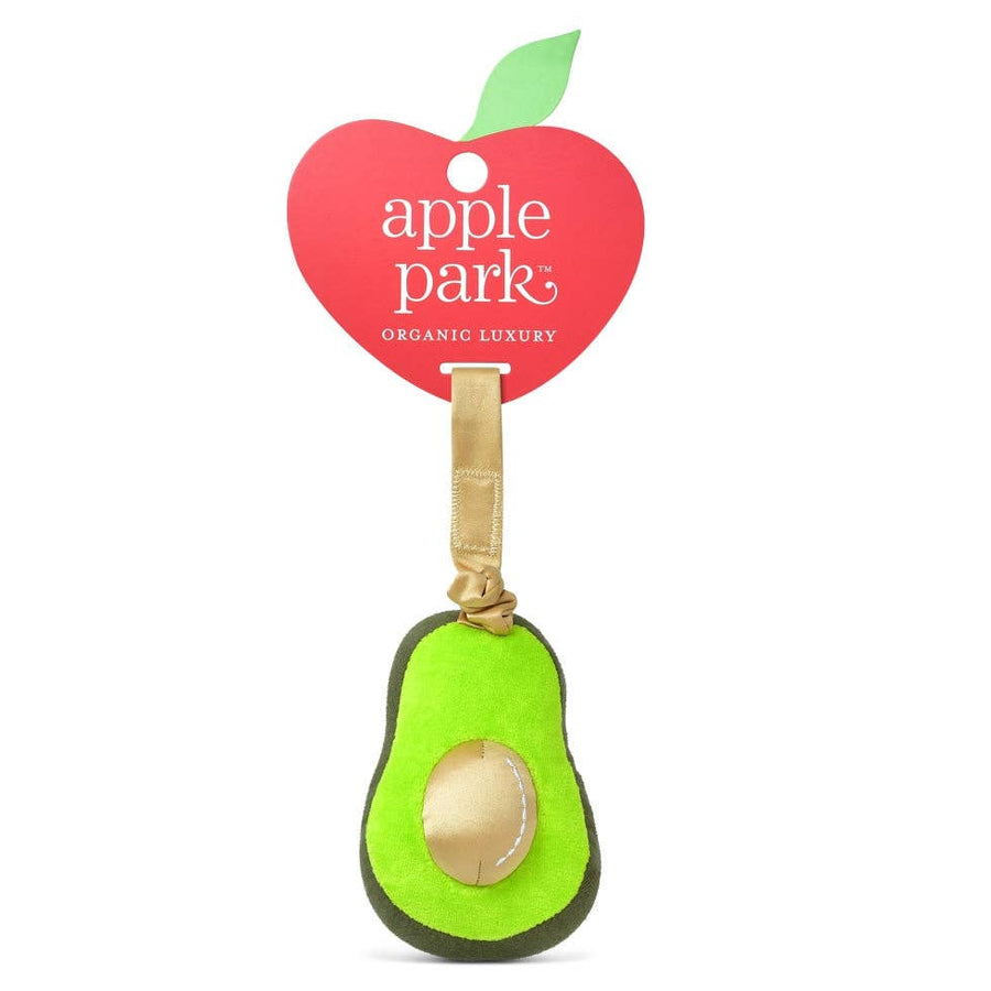 Avocado-shaped toy with a 'Apple Park' tag on a white background