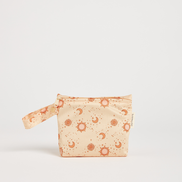 Small pouch with sun and moon pattern on a light background