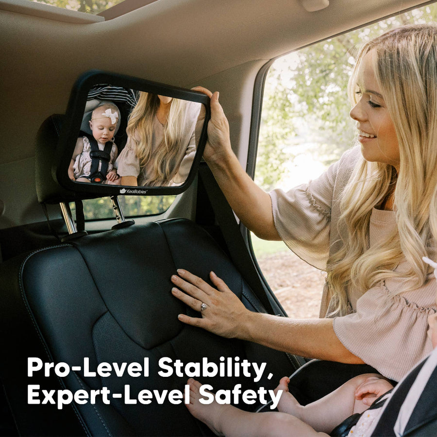 Woman using a car seat mirror to check on a child in the backseat, with text 'Pro-Level Stability, Expert-Level Safety'.
