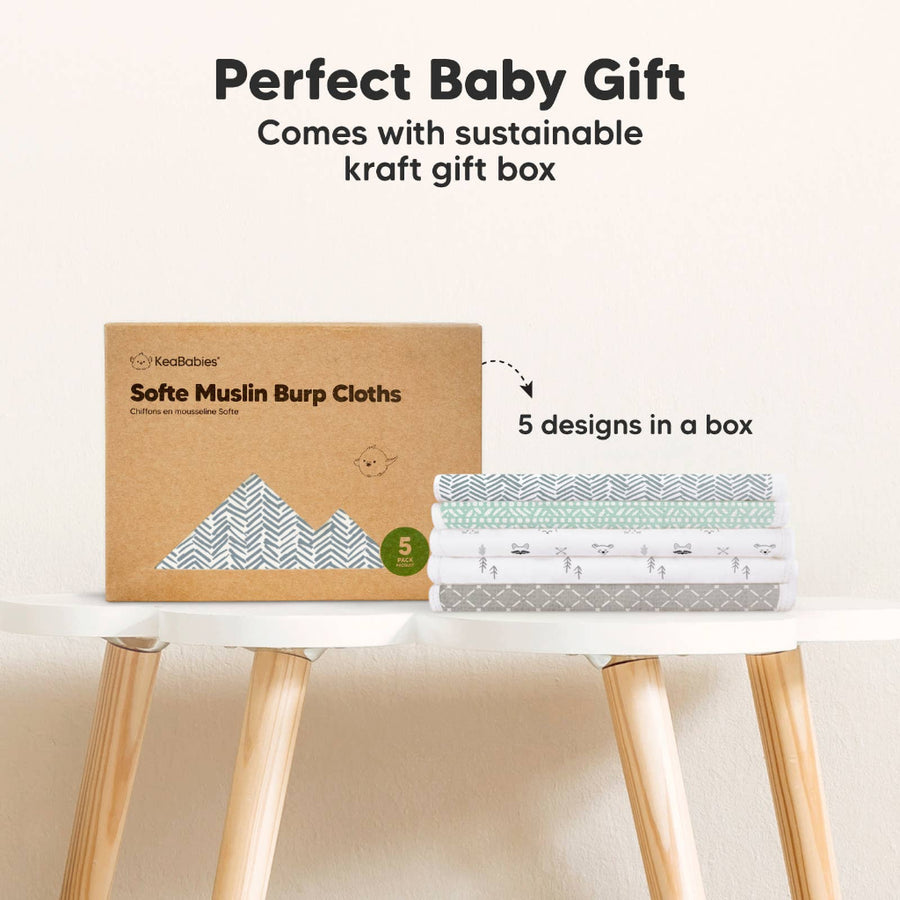 KeaBabies Safe Muslin Burp Cloths packaging with text on a white background