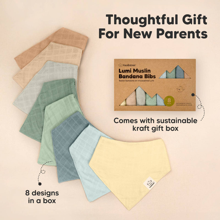Lumi Muslin Bandana Bibs with a sustainable kraft gift box on a beige background