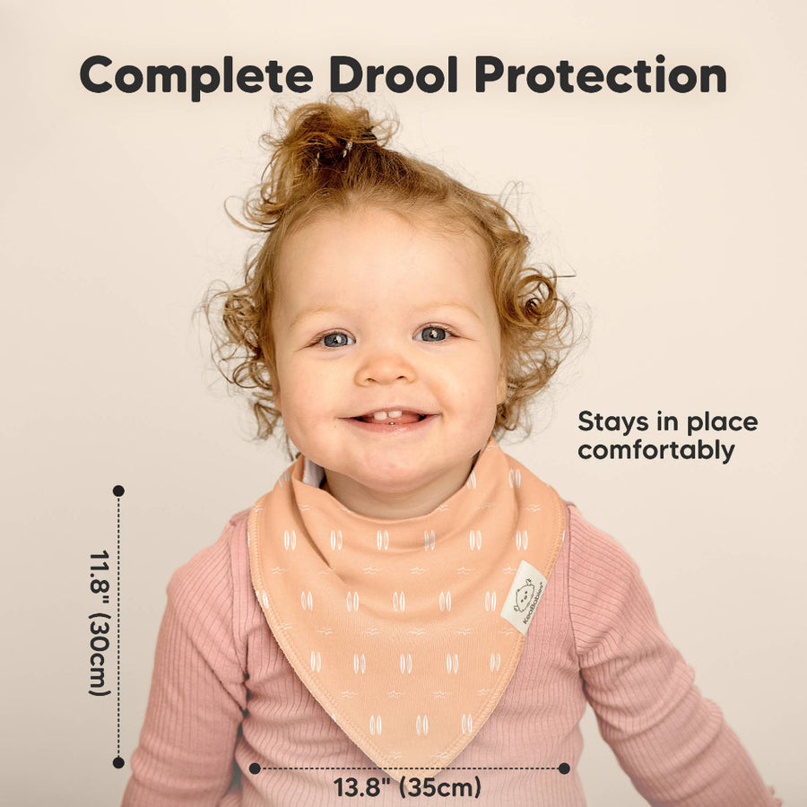 Child wearing a bib with text about drool protection and measurements.