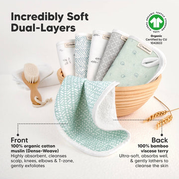 Bowl with soft dual-layered washcloths, organic certification logo, and text about materials.
