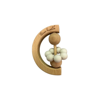 Moon Silicone & Beech Wood Teething Rattle - White Sand