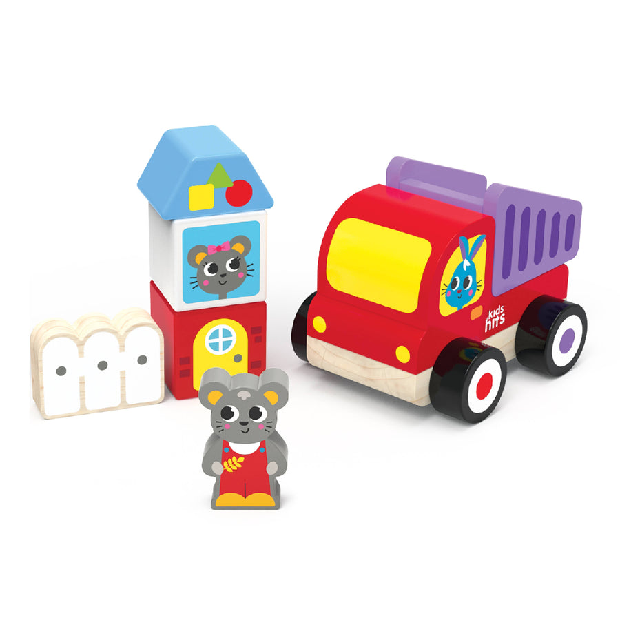 Set of colorful wooden toys including a house, truck, and mouse figure on a white background