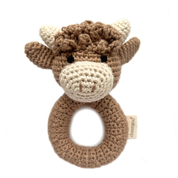 Handmade Crochet Teething Ring Rattle - Highland Cow