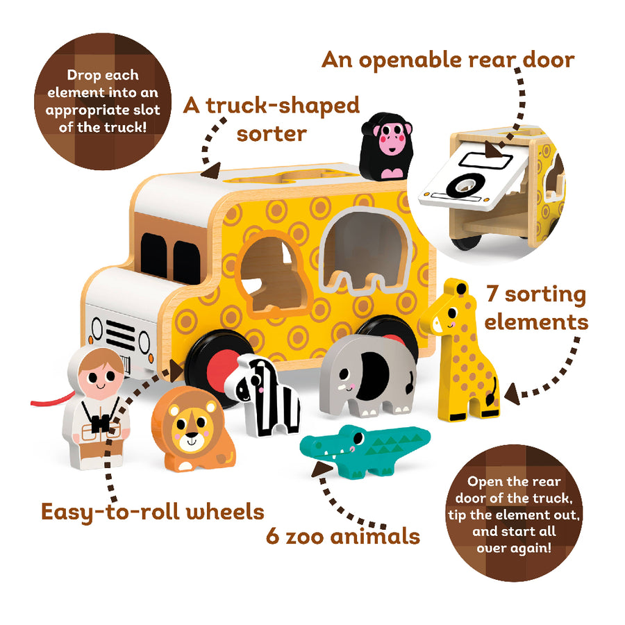 Toy truck with sorting elements and zoo animals on a white background