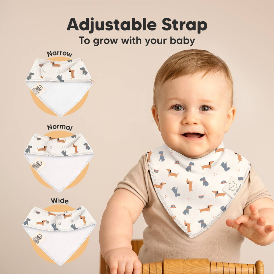 Baby wearing a patterned bib with adjustable strap options displayed.