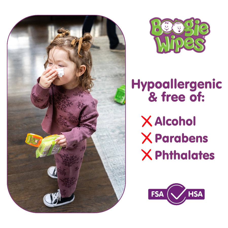 Child using Boogie Wipes with product packaging and branding displayed.